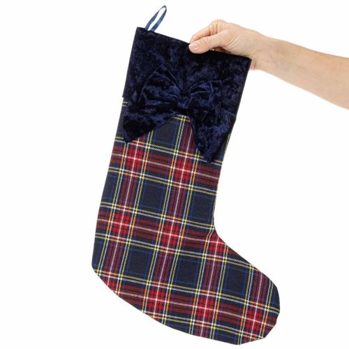 Lot de 2 bottes de Noël à carreaux rouges et bleus avec nœud, 43 cm, à suspendre | Floristik24.fr