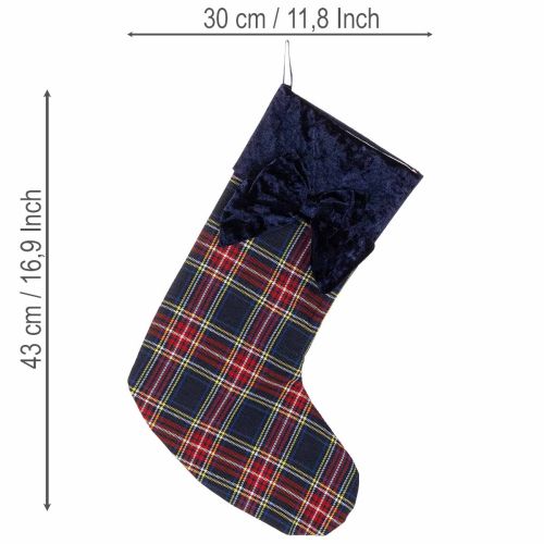 Lot de 2 bottes de Noël à carreaux rouges et bleus avec nœud, 43 cm, à suspendre | Floristik24.fr
