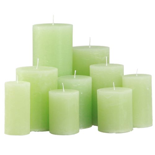Article Bougies piliers de couleur unie vert citron différentes tailles