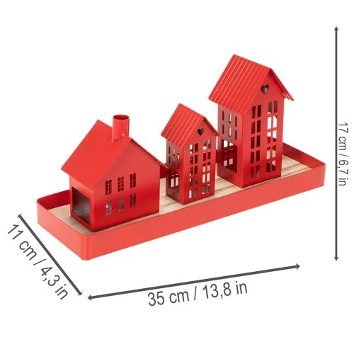 Set de trois photophores maisons en métal rouge avec plateau, 35 cm | Floristik24.fr