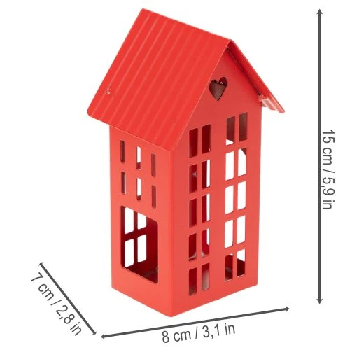 Set de trois photophores maisons en métal rouge avec plateau, 35 cm | Floristik24.fr