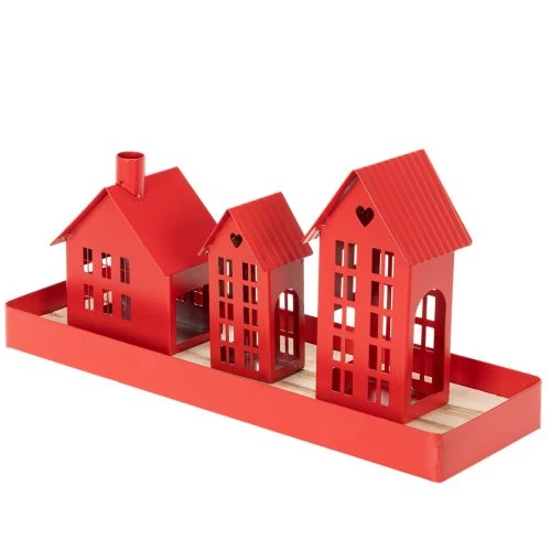 Set de trois photophores maisons en métal rouge avec plateau, 35 cm | Floristik24.fr