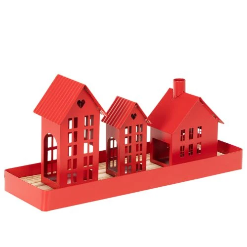 Set de trois photophores maisons en métal rouge avec plateau, 35 cm | Floristik24.fr