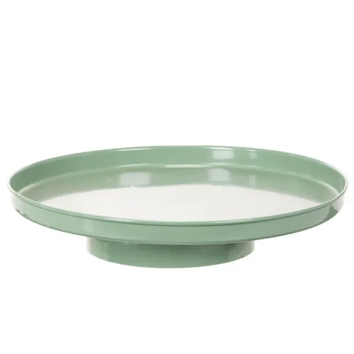 Plateau rond en métal vert avec pied pour décoration de table 30 cm