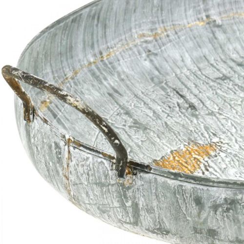 Article Bol en métal avec anses, jardinière, plateau décoratif aspect antique blanc lavé L51/40,5cm lot de 2