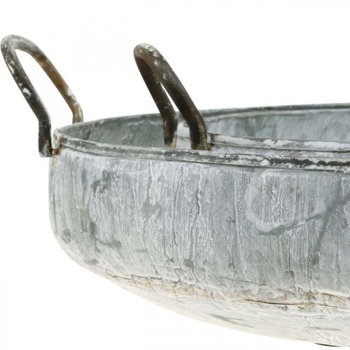 Article Bol en métal avec anses, jardinière, plateau décoratif aspect antique blanc lavé L51/40,5cm lot de 2