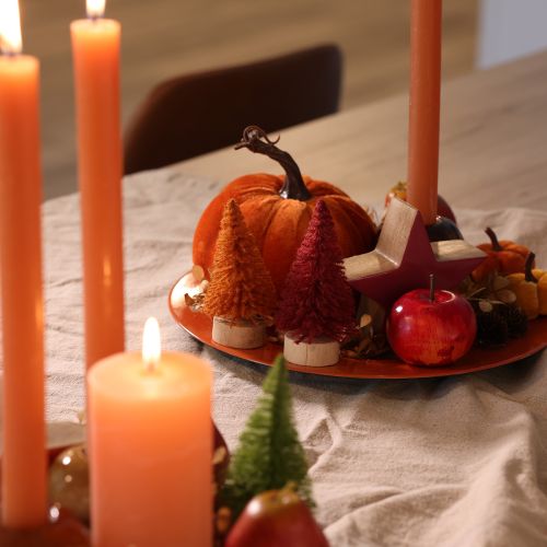 Lot de 6 sapins miniatures décoratifs en plastique avec base bois 12cm vert rouge orange | Floristik24.fr