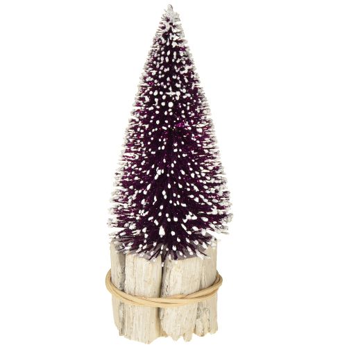 Sapin de Noël décoratif violet avec pointe de neige sur socle en bois rustique 15cm 3 pièces.
