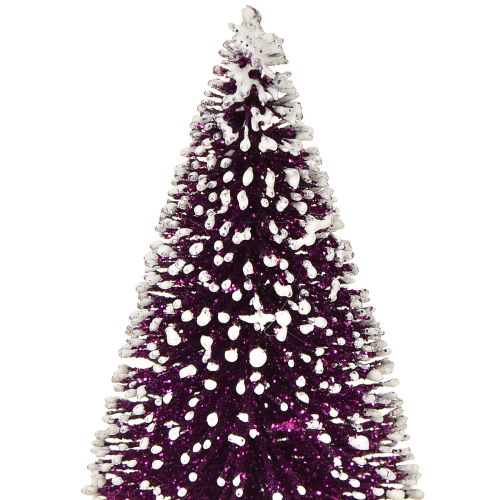 Article Sapin de Noël décoratif violet avec pointe de neige sur socle en bois rustique 15cm 3 pièces.