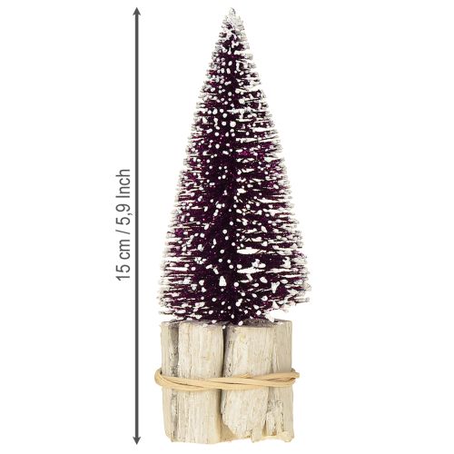 Article Sapin de Noël décoratif violet avec pointe de neige sur socle en bois rustique 15cm 3 pièces.