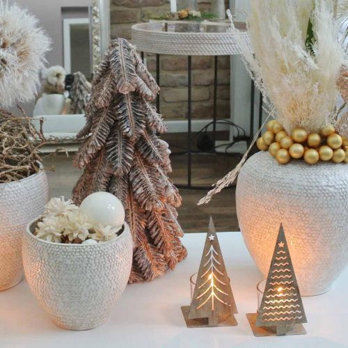 Article Pommes de pin, décorations de Noël, sapin d&#39;hiver enneigé, blanc lavé H40cm Ø18cm