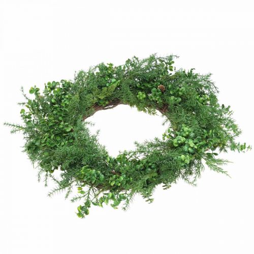 Couronne décorative grosses branches de conifères, cônes et buis vert 70cm