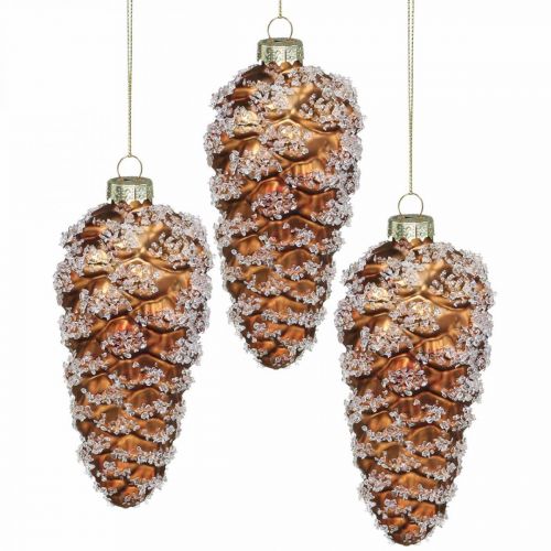 Floristik24 Pommes de pin avec neige, Décorations de Noël, Décorations d'arbre de Noël Marron H13cm Ø6cm Verre véritable 3pcs
