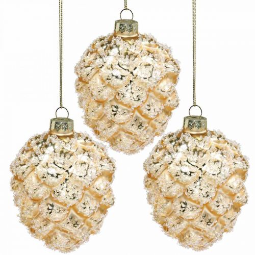 Floristik24 Cônes à suspendre, décorations d&#39;arbres, cônes déco enneigés Doré H9,5cm Ø8cm verre véritable 3pcs