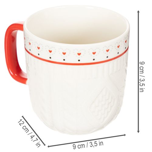 Tasses en céramique blanche avec anse rouge, motif tricot et cœurs, set de 2, 9 cm | Floristik24.fr