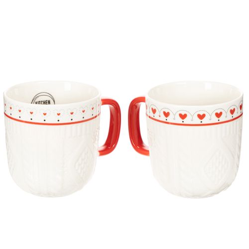 Tasses en céramique blanche avec anse rouge, motif tricot et cœurs, set de 2, 9 cm | Floristik24.fr