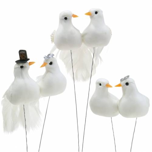 Floristik24 Couple de pigeons sur le fil blanc 4-4.5cm 6paires