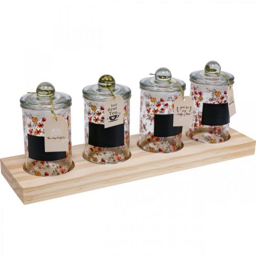 Floristik24 Pots à thé pot en verre avec couvercle pots à épices 4pcs sur plateau