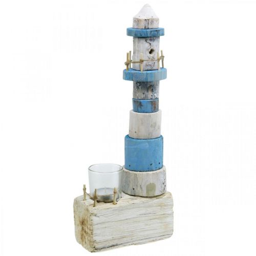 Article Phare en bois avec photophore en verre décor maritime bleu, blanc H38cm