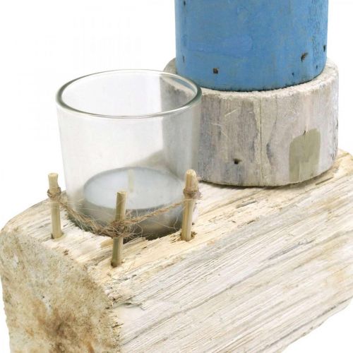 Article Phare en bois avec photophore en verre décor maritime bleu, blanc H38cm