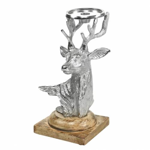 Bougeoir cerf manguier, métal argenté, naturel 31cm