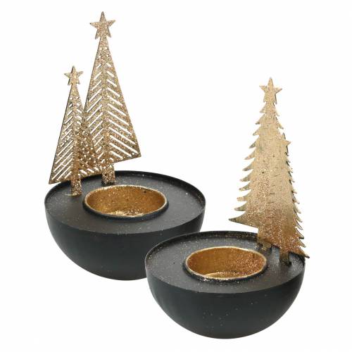 Floristik24 Photophore sapin de Noël pailleté noir, doré Ø8,5cm 2pcs