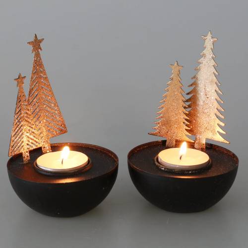 Floristik24 Photophore sapin de Noël pailleté noir, doré Ø8,5cm 2pcs