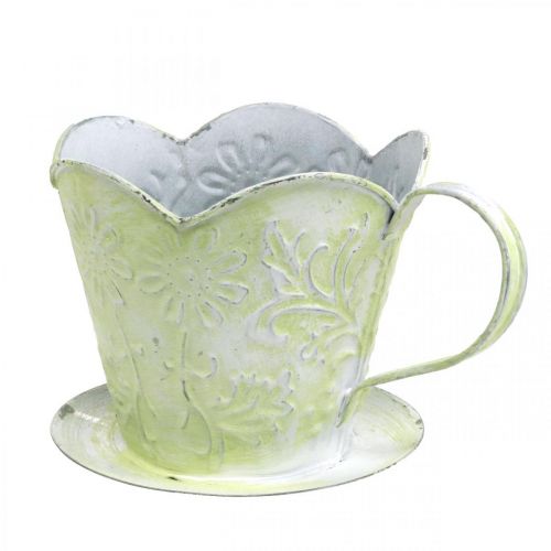 Floristik24 Jardinière, porte filtre à café décoratif, coupelle en métal à planter, décoration florale vert, blanc shabby chic H11cm Ø11cm