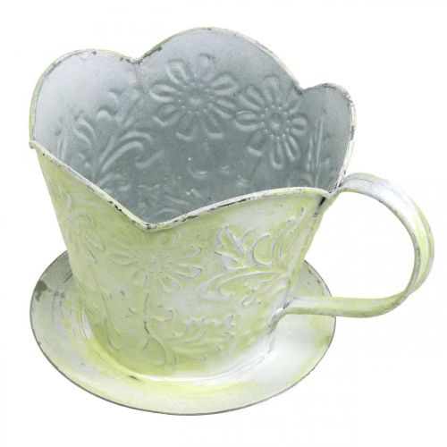 Article Jardinière, porte filtre à café décoratif, coupelle en métal à planter, décoration florale vert, blanc shabby chic H11cm Ø11cm