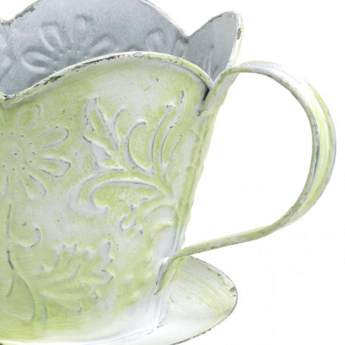 Article Jardinière, porte filtre à café décoratif, coupelle en métal à planter, décoration florale vert, blanc shabby chic H11cm Ø11cm