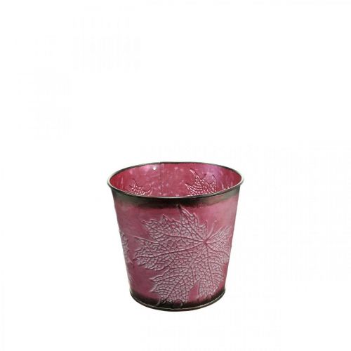 Pot décoratif pour plantation, seau en métal, décoration en métal avec motif feuille rouge vin Ø14cm H12.5cm