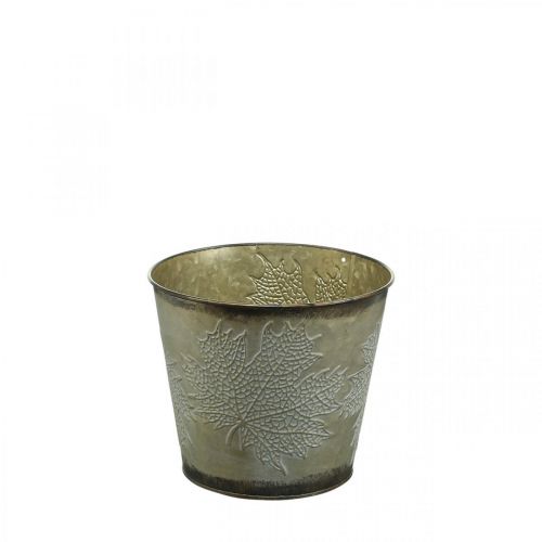 Article Jardinière pour l&#39;automne, seau en métal à décor de feuilles, vase en métal doré Ø14cm H12.5cm