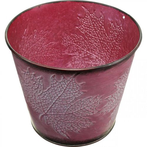 Article Cache-pot à décor de feuilles, décoration d'automne, jardinière en métal rouge vin Ø16,5 cm H14,5 cm