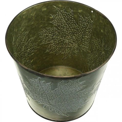Article Seau déco à décor de feuilles, pot d&#39;automne, décoration métal vert Ø17cm H14.5cm