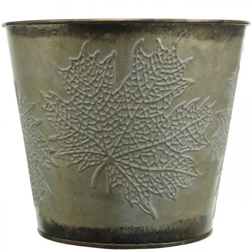 Article Pot d&#39;automne, cache-pot avec feuilles, décoration métal doré Ø16.5cm H14.5cm