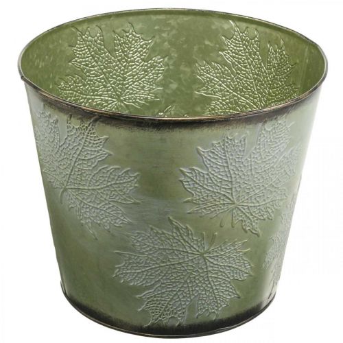 Article Jardinière, pot en métal avec feuilles d&#39;érable, décoration automne vert Ø25.5cm H22cm