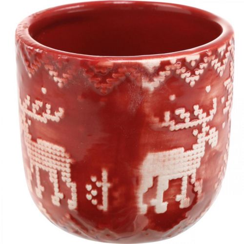 Article Décoration en céramique avec renne, décoration de l&#39;Avent, jardinière avec motif norvégien rouge / blanc Ø7.5cm H7cm 6pcs