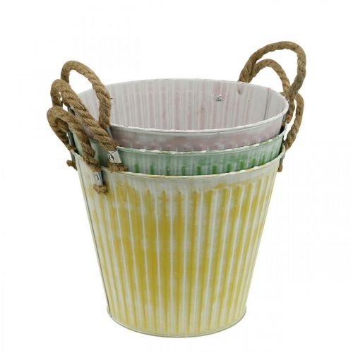 Article Pot décoratif, seau en métal à planter, jardinière avec anses, rose/vert/jaune shabby chic Ø14,5cm H13cm lot de 3