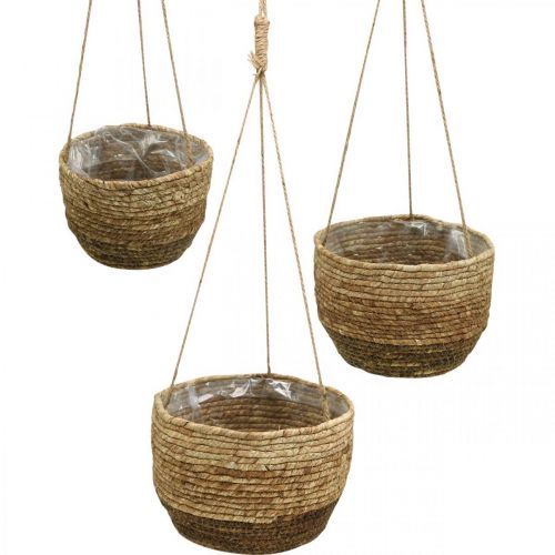 Floristik24 Panier suspendu, corbeille de feuilles de maïs, jardinière suspendue Naturel Ø28/24,5/21cm, lot de 3