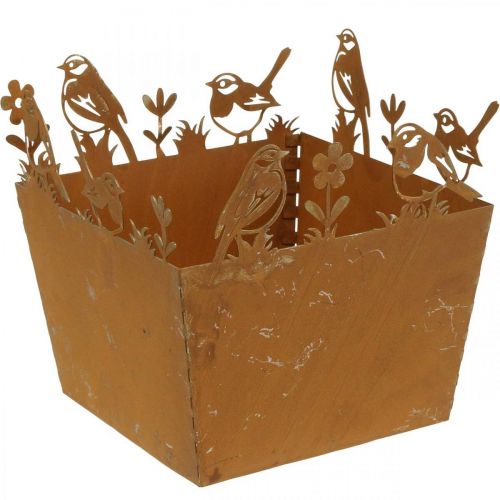Cache-pot, métal décor oiseaux, cache pot, patine printanière H15,5cm