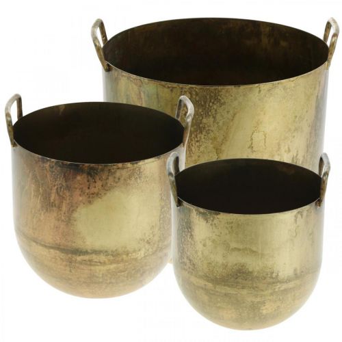 Cache-pot cache-pot aspect ancien avec anses métal H17 / 19,5 / 26cm, lot de 3