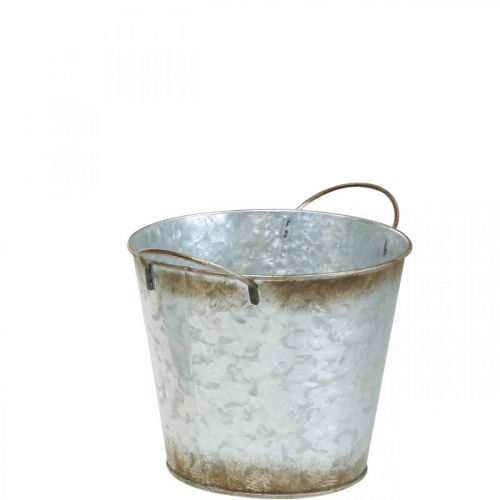 Article Pot décoratif à anses, seau à plantes, récipient en métal argenté, patiné Ø17cm H16,5cm