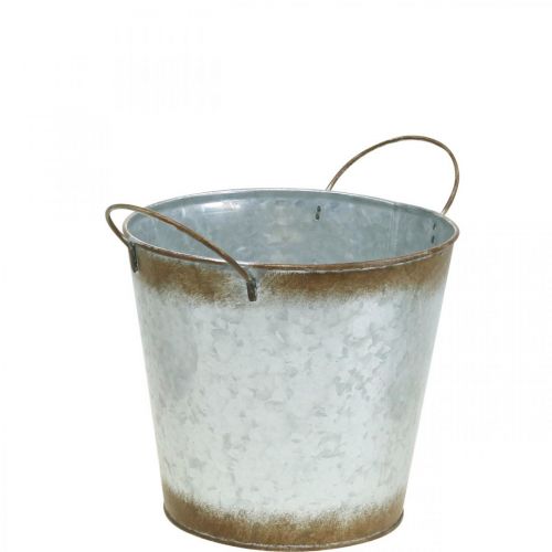 Article Jardinière en métal, coupe à fleurs, cache-pot avec anses argent, patine Ø18cm H20cm