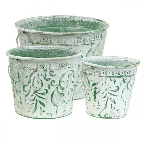 Article Pots en métal avec anses, jardinières avec gaufrage blanc, vert shabby chic H20,5/18,5/16cm Ø25,5/20,5/15,5cm lot de 3