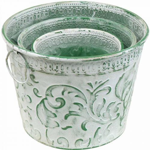 Article Pots en métal avec anses, jardinières avec gaufrage blanc, vert shabby chic H20,5/18,5/16cm Ø25,5/20,5/15,5cm lot de 3