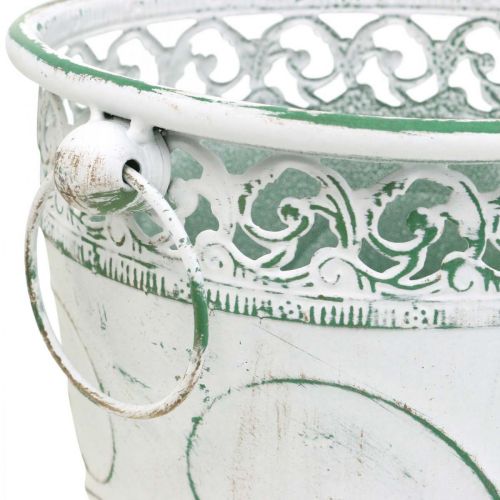 Article Pot en étain avec gaufrage, jardinière avec poignées blanc, vert shabby chic H22/19,5/17,5cm Ø25,5/20,5/15,5cm lot de 3