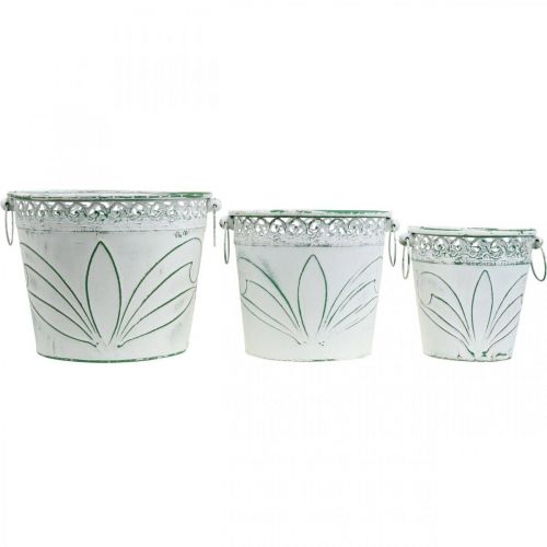 Article Pot en étain avec gaufrage, jardinière avec poignées blanc, vert shabby chic H22/19,5/17,5cm Ø25,5/20,5/15,5cm lot de 3