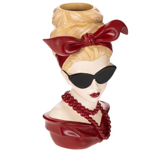 Vase tête femme en résine avec lunettes de soleil et collier, 30cm