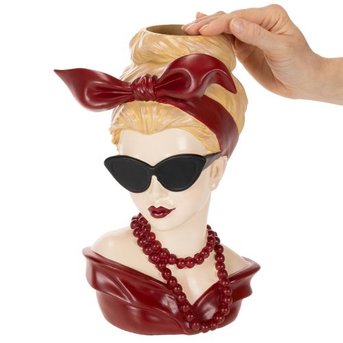 Vase tête femme en résine avec lunettes de soleil et collier, 30cm | Floristik24.fr