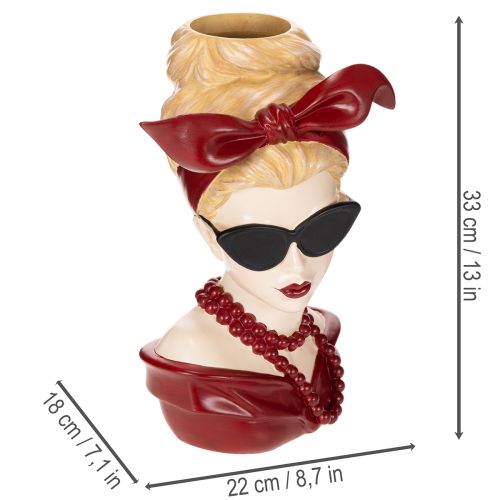 Vase tête femme en résine avec lunettes de soleil et collier, 30cm | Floristik24.fr